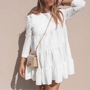 Zara Ivory The Sharon Textured Tiered 3/4 Sleeve Mini Dress Size S